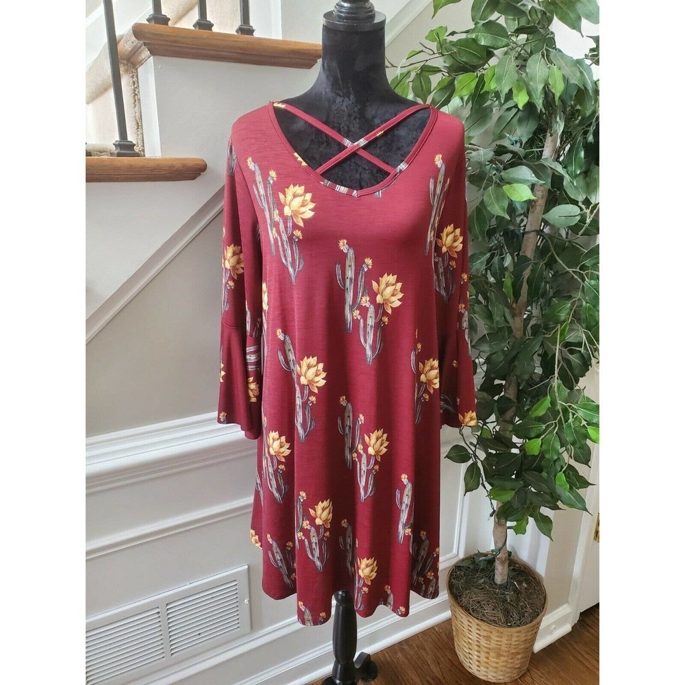 Burgundy Floral Women's Polyester V-Neck Long Sleeve Knee Length Dress‎ Size XL